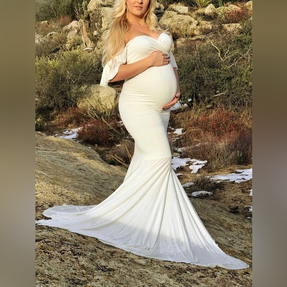 Women’s white off the shoulder deep v bodycon long tail dress in size xl - Picture 4 of 12